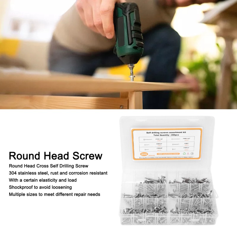 200PCS Round Head Cross Screws 304 Stainless Steel Self Drilling