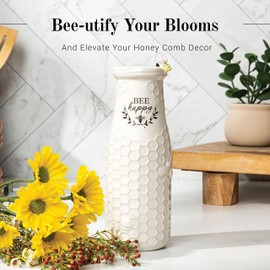 Young's Inc. Ceramic Bee Flower Vase - 3" L x 3" W x 8" H - White Ceramic Vase - Honeycomb Decor