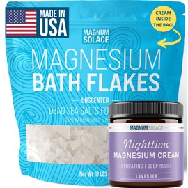 Magnum Solace Magnesium Flakes for Bath 10 LBS, Plus Nighttime Magnesium Cream - Inside The Bag, Lavender