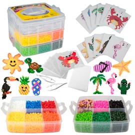 8,000 pc DIY Complete Fuse Bead Kit w Carrying Case -Fun Summer Kids Party- 16 Colors, 11 Unique Templates, 4 Peg Boards, Tweezers- Art Craft Project, Kids Birthday Party, Summer Camp