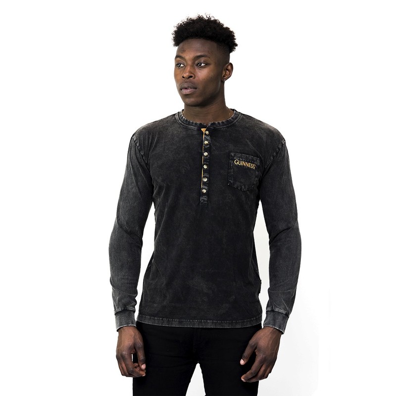Guinness Classic Washed Black Henley Shirt,Black,Large