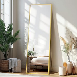 Delma Wall Mirror Full Length Mirror,Standing Mirror Full Body,Large Floor Mirror for Wall Door Bedroom Bathroom Living Room with Aluminium Frame(with Stand,Rect 56x15-Gold)