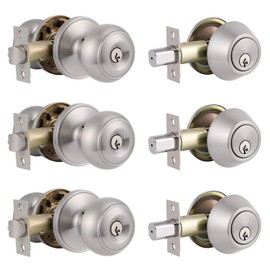 Probrico Entry Door Knob Lock Set and Single Cylinder Deadbolt Combination Set, Satin Nickel (3 Pack) Keyed Alike