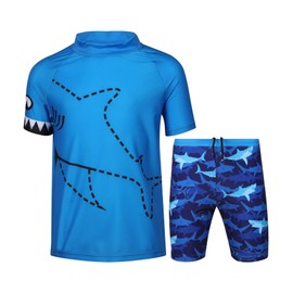 A2Z - Traje de baño de dos piezas para niños, traje de baño de dos piezas y pantalones cortos, protector de erupción en la playa, baño de secado rápido, traje de baño de 2 a 14 años, Tiburón, 4-5T