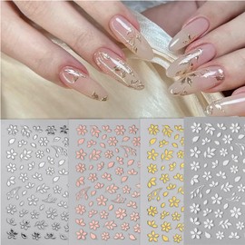 8 Sheets Flowers Leaf Nail Stickers for Nail Art 3D Self-Adhesive Flower Leaves Nails Design Gold Silver White Flowers Nail Decals Summer Manicure Decoration Supplies for Women DIY Charms