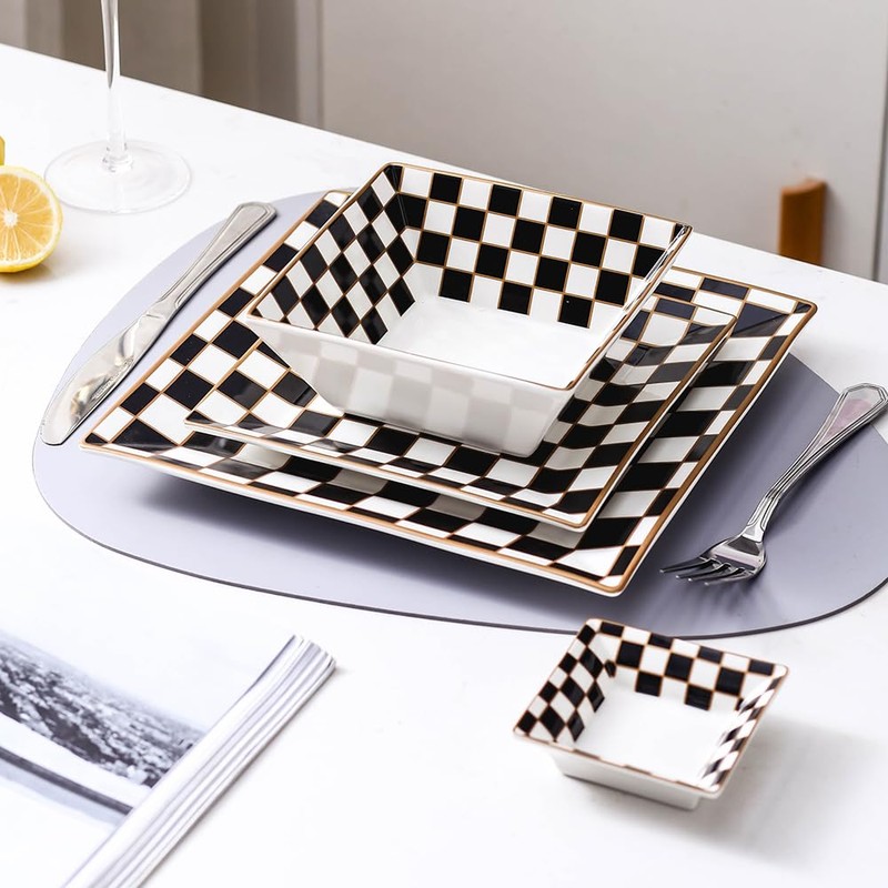 Porlien Checker Porcelain Square Dinnerware Set for 4, Dishes Set
