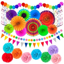 OranSee Decoración de Fiestas, 33pk Abanicos de Papel Vistosa para Colgar, Pompones, Banderín, Cuerda de guirnalda, Bandera para Fiestas de Cumpleaños, Decoración de Bodas, Fiesta Mexicana(Multicolor)