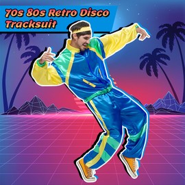 AUTOWT 70s 80s Shell Suit, Men Women Fancy Long Sleeve Tracksuit, Retro Color Block Hip Hop Windbreaker Disco Costume for Mardi Gras Rock Festivals Carnival Parties (Blue, XXL)