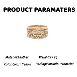 GAUEIOUR Boho Gold Heart Leather Braided Wrap Bracelets Cream Yellow Multilaye Clasp Cuff Bangle for Women Birthday Presents Jewellery