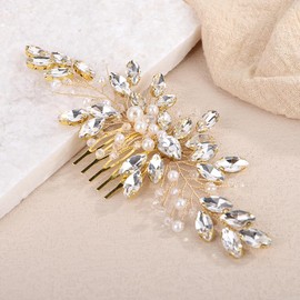 Teyglen Bridal Crystal Hair Comb Gold Wedding Rhinestone Hair Side Comb Handmade Head Piece for Bride Women Party Prom Hair Accessories Headpiece(Gold)