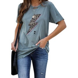INFITTY Womens Vintage Graphic Tees Distressed Funny Printed T Shirts Round Neck Leopard Print Tops Blue Medium