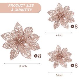 24 Pieces Glitter Poinsettia Christmas Tree Ornament Christmas Flowers Decor Ornament, 3/4/6 Inch (Rose Gold)