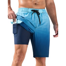 SILKWORLD Mens Swim Trunks with Compression Liner Quick Dry Bathing Suits 10 Inch Swim Shorts with Cargo Pockets, (Dark Blue Gradient), 38