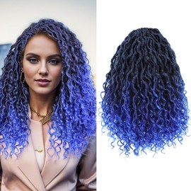 8 Packs Blue Curly Faux Locs Crochet Hair 10 Inch Short Goddess Locs Crochet Hair Omber River Locs Crochet Briads Hippie Locs Boho Style Hair Extensions (T1B/Blue#)