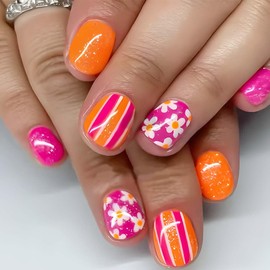 24Pcs Square Press on Nails Short Fake Nails Flower with Glitter Line Design Pink False Nails Orange Acrylic Nails Artificial Cute Glue on Nails Full Cover Stick on Nails for Women Manicure Art