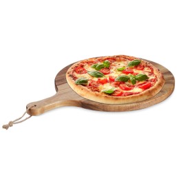 Relaxdays Pizza Board, Round Chopping Board Made of Acacia Wood, Diameter 35.5 cm, Pizza Plate with Handle, Cheese Board, Natural