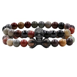 Oneress Layered Beaded Elastic Bracelet with Skull Charm, US Picture Jasper with Skull Jewelry Gift for Birthdays and Holiday Gatherings - YA5150