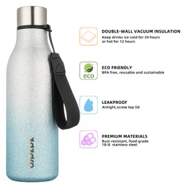 BJPKPK Insulated Water Bottles, 18 oz Stainless Steel Metal Water Bottle with Strap, BPA Free Leak Proof Thermos,Mugs,Flasks, Reusable Water Bottle for Sports & Travel, Sparkling Silver Blue