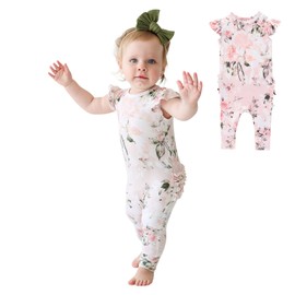 Posh Peanut Baby Girl Pajamas – Ruffled Cap Sleeve Romper PJs – Soft Viscose from Bamboo One-Piece for Babies & Toddlers (9-12 Months) Vintage Pink Rose