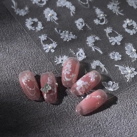 Flower Nail Stickers Pearls Nail Art Stickers 5D Embossed Self Adhesive Summer Nail Decals Florals Nail Design Women Girls Art Decals Decoration Accessories for DIY Manicure 1 Sheet