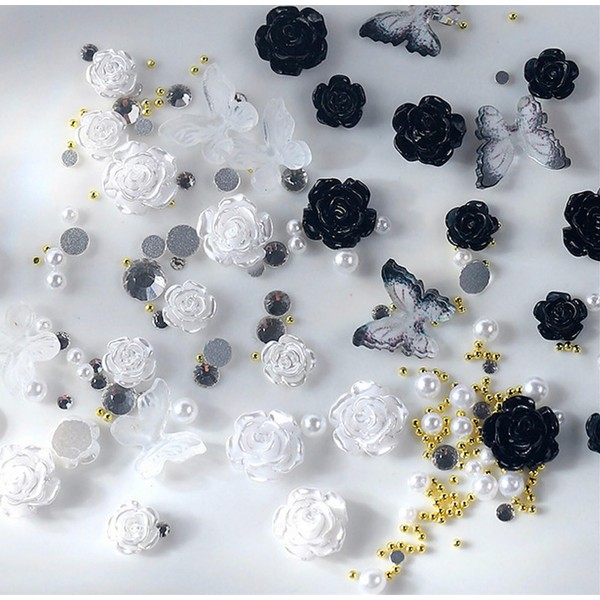 3D Flower Nail Charms, 200 Pcs White Black Clear Acrylic Camellia Nail Art Charms Rose Butterfly Nail Rhinestones Gems Jewelry with Mini Caviar Beads Pearls
