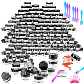 MotBach 100 Pcs 5g Empty Plastic Containers with Black Lids,Mini Makeup Sample Containers, Small Sample Pot Jars Round Cosmetic Jars with Mini Spatulas for Liquid Sample Powder Creams Lotions