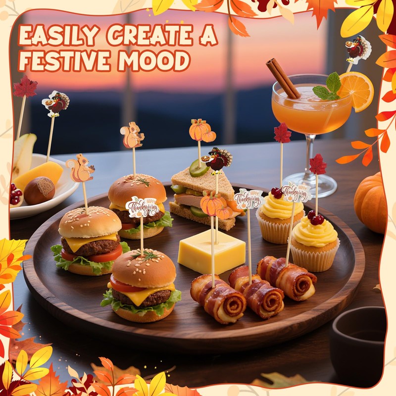 100 Fall Cocktail Picks, Thanksgiving Fancy Toothpicks for Appetizers Decor