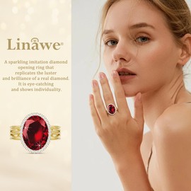 Linawe Garnet Gold Adjustable Rings for Women, Burgundy Red Birthstone Fake Imitation Diamond Chunky Rings, Faux Crystal Gemstone Rhinestone Cubic Zirconia Statement Ring Costume