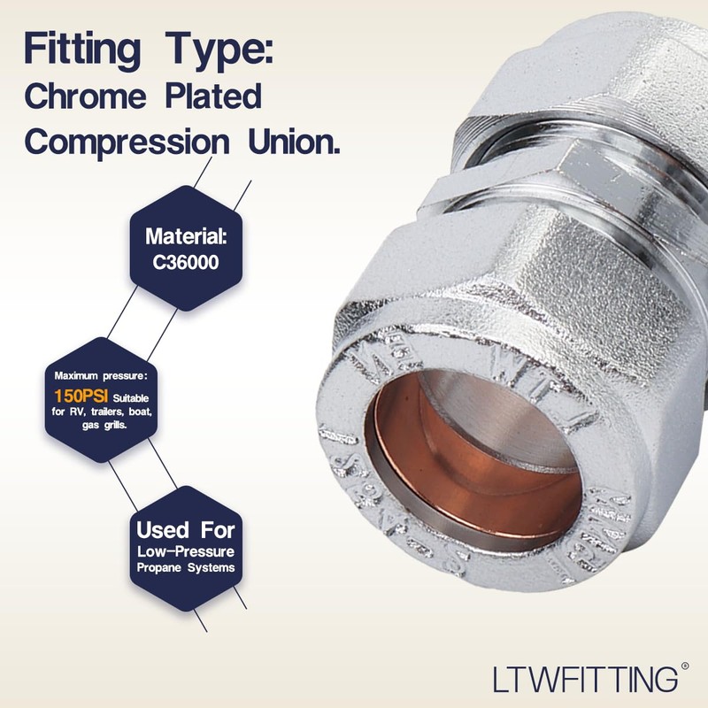 LTWFITTING Chrome-plated 15 mm OD Compression Union Brass Compression Fitting
