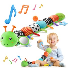 HEMRLY Baby Sensory Toy 0-6 Months, Musical Stuffed Caterpillar Plush with Teether, Crinkle, Rattle, Baby Mirror for Tummy Time, Infant Car Seat Toy for 0-3-6-12 Month Boys Girls Gifts - Knotted Green