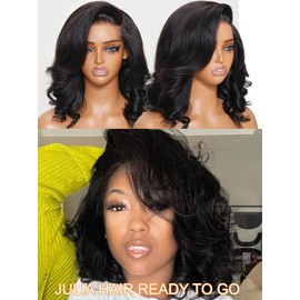 Julia Hair 10 Inch Light Yaki Loose Wave Bob Wig Put On and Go Glueless 13X4 HD Lace Front Short Natural Black Wigs Pre Plucked Pre Cut Lace Bleached Knots with Elastic Drawstring