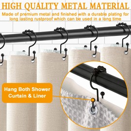 Shower Curtain Hooks, 12 Pcs Rustproof Metal Shower Curtain Rings,Free Sliding Double Shower Hooks for Shower Curtain & Liners, Shower Curtain Hangers for Bathroom Shower Curtain Rods Curtains (Black)