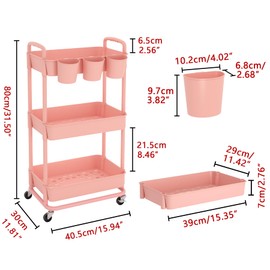 JIUYOTREE 3-Tier Plastic Rolling Storage Cart Utility Cart with Extra Hanging Cups Handles Lockable Wheels for Living Room Bathroom Kitchen Office Pink