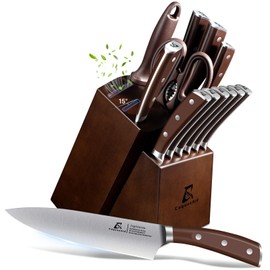 CoquusAid Knife Set, New 15° Beveled Easy Insert, 15 Pcs Kitchen Knife Block Set with Block and Sharpener, German Vacuum Oil Cooled Crafted, Countertop-Free Steak Knife Set, Stainless Steel Brown