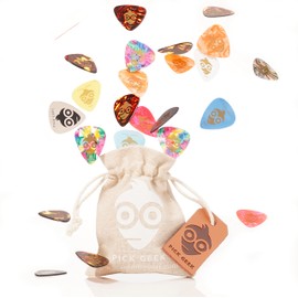 Pick Geek Guitar Picks | 101 Premium Plectrums | for Your Electric, Acoustic, or Bass Guitar | Light, Medium, Heavy, and X Heavy | Gifted in a Unique Pick Bag | Includes Wedgie Pick Holder