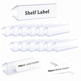 30pcs Plastic Shelf Label Holder, Clear Shelf Label Holder Wood Sign and Tag Ticket Label Holders Clips On to Shelves Thick Shelves with Matched Blank Inserts