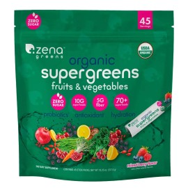 Organic Fiji Zena USDA Organic Supergreens Fruits & Vegetables Powder, 45 Stick Packets