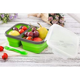 MEIMIA Leak-proof, hermetically sealed, collapsible silicone lunch box with compartments and cutlery included. 1100 ml,Use in microwave, refrigerator and freezer