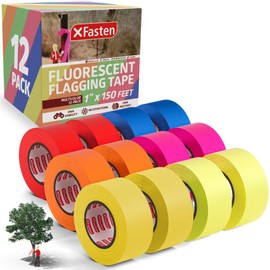 XFasten Fluorescent Flagging Tape Assorted Colors 12-Pack Colorfast Survey Tape (Orange Green Blue Red Pink Yellow) Non-adhesive Tree Marking Ribbon Tape 1” x 150-Feet (1,800 Feet Total)