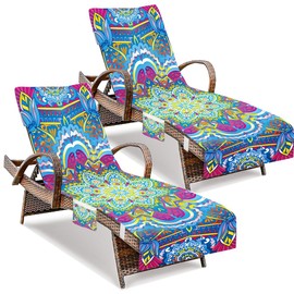 2 Pack Boho Lounge Chair Towel Cover, Boho Beach Chair Cover with Pockets, Pool Lounge Chair Covers for Outdoor, Garden, Beach, Sun Lounger, Hotel Pool, 85" X 30"