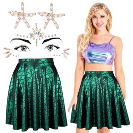 BOFUNX BOFUNX Damen Meerjungfrau Kostüm, Fischschuppen Rock + 2 Stücke Seestern Haarspange + Edelsteine Gesichtstattoo für Fasching Karneval Mottoparty Kostüm Accessoires