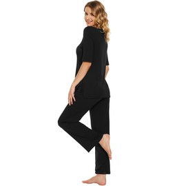WiWi Women's Viscose from Bamboo Pajamas Set Short Sleeve with Pants Pajama Soft Summer Sleepwear Loungewear Sets S-XXL, Black, Medium