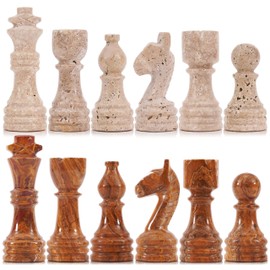 SPESHSTONES Marble Chess Pieces 3.5 Inch Travertine and Brown Stone Figures for Adults and Family, Classic Board Games Accessories for Draughts and Travel Strategy Play