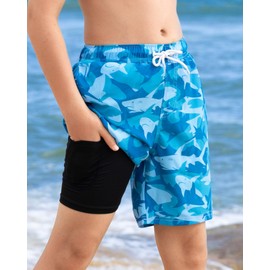 Angel season - Bañador para niños, con forro de compresión, para adolescentes, con UPF 50+, talla corta, talla 7-14 años, Shark Green Blue, 8-9 Años