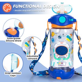 Kids Water Bottle with Straw/Lanyard for School Kids Girls Boys, 22oz BPA Free Child Drinking Water Bottle One-Click-Open Leak-Proof Locking Flip Lid for School Sport Travel