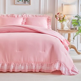 Joyreap Twin Size Comforter Set Pink, 3pcs Lace Ruffled Bedding Comforter Set, Microfiber Vintage Boho Chic Bedding Set for All Season- 68x88 inches