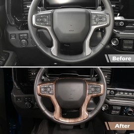 RT-TCZ for Silverado Steering Wheel Trim Compatible with Chevy Suburban 2020 Up Tahoe 2021 Up Silverado 2019-2022 Wood Grain Interior Accessories