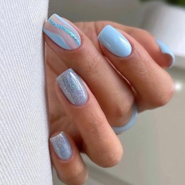 SWEKKE Press on Nails Short Square Summer Fake Nails Blue Full Cover Glue on Nails Glossy False Nails with Designs 24 Pcs