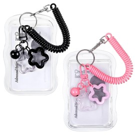 XLIUAX 2 Pack Photo Card Holder, Cute Photocard Holder Star Wave Photocard Keychain Kawaii Transparent Photo Card for ID Bus Cards Protector Idol Cards Holders (Black, Pink)