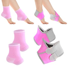 Larrel 2 Pairs Kids Ankle Support, Elastic Breathable Supports Ankle Brace with Foot Sleeve Foot Stabilizer Compression Sleeve Wrap for Sports Sprained Achilles Fasciitis Relief(Pink)